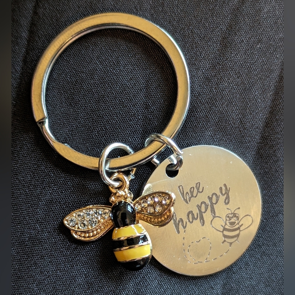 NEW silver tone bee charm & BEE Happy w/cute bee cartoon etched circular charm